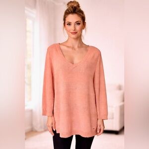 Tommy Hilfiger Women’s Medium V-Neck Sweater Orange Striped Knit Long Sleeve #45